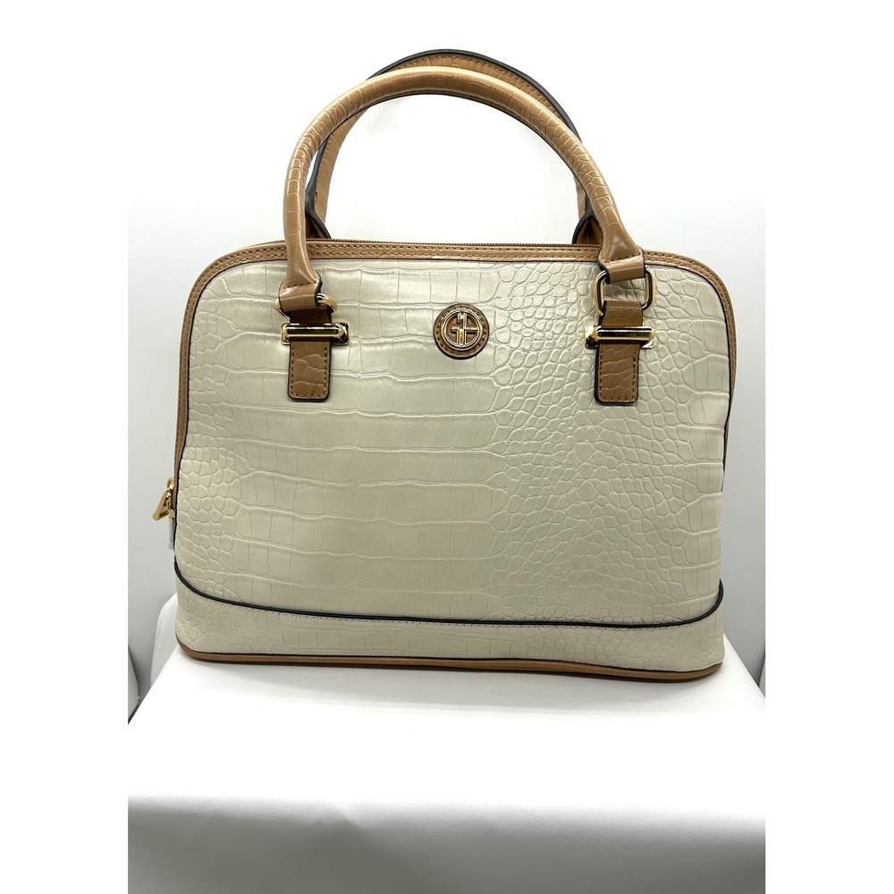 Giani Bernini Cream Croc Embossed Dome Satchel Handbag Tan Trim Gold Hardware